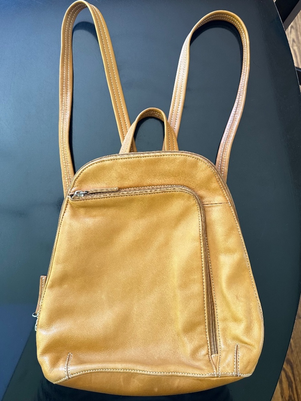 Gorgeous TIGNANELLO Tan Camel Leather Backpack Purse 2 Zip Sections Exc Cond